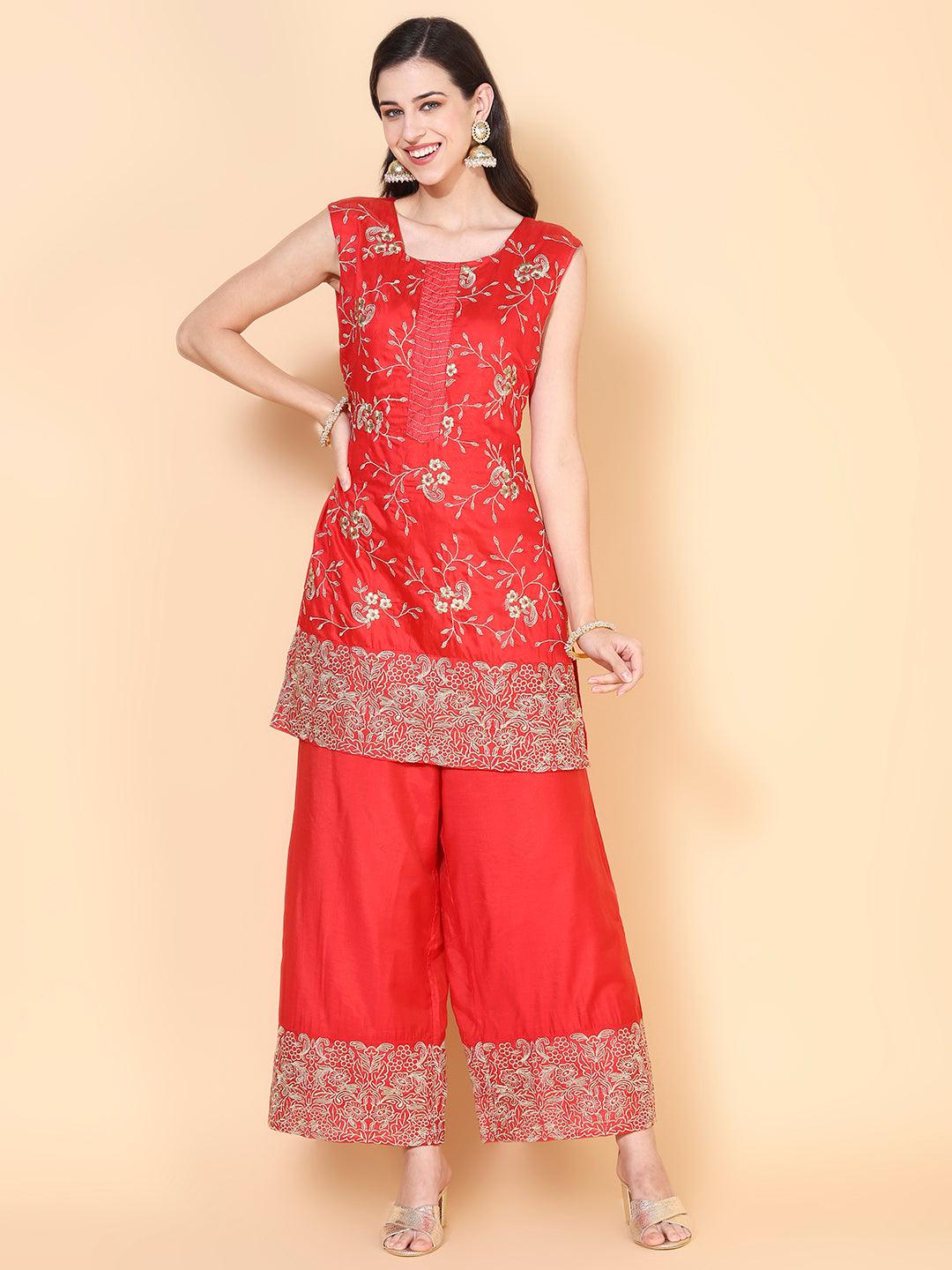 Zari Embroidered Kurta With Palazzo & Dupatta - Red - Indiakreations