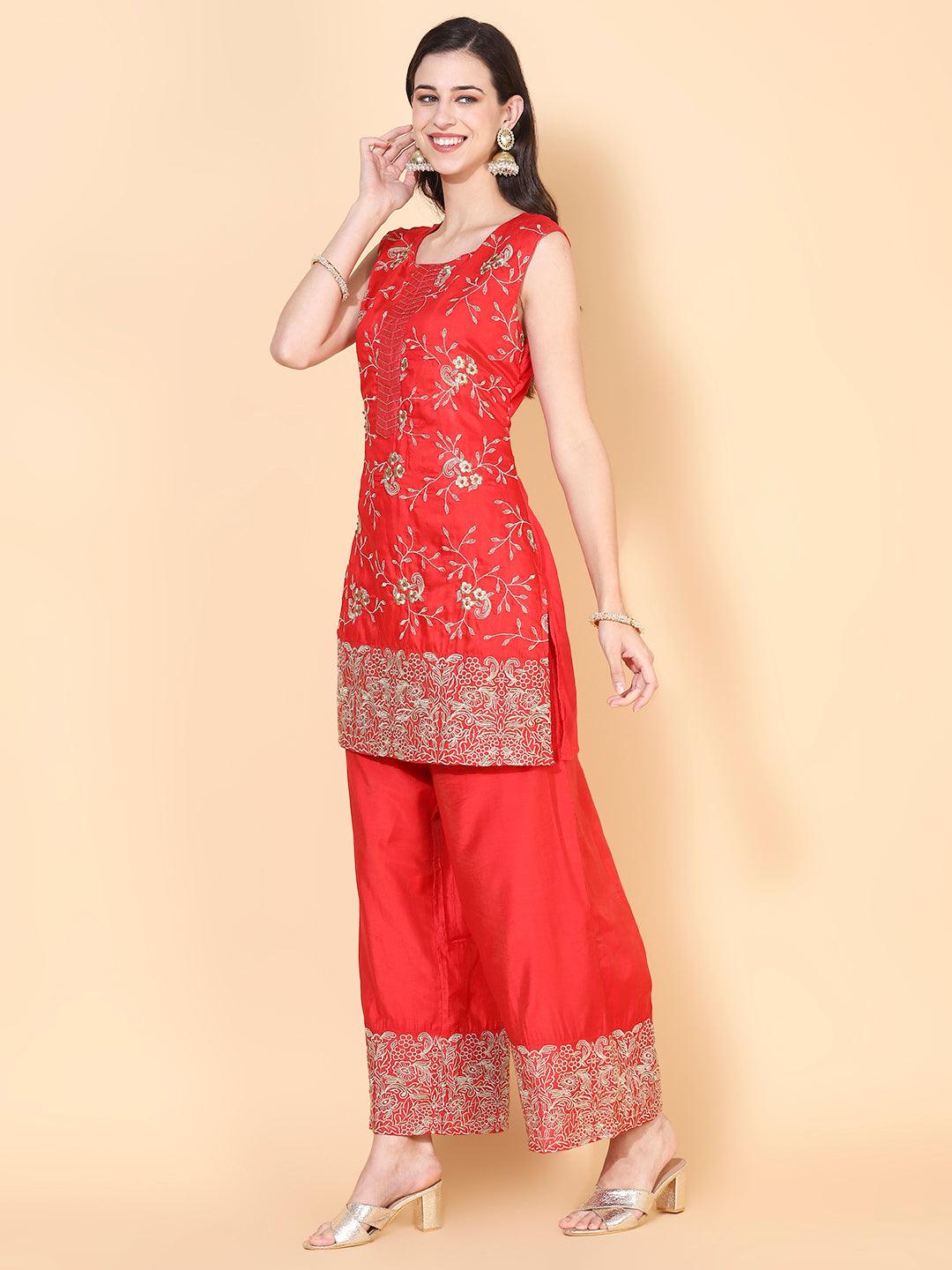 Zari Embroidered Kurta With Palazzo & Dupatta - Red - Indiakreations