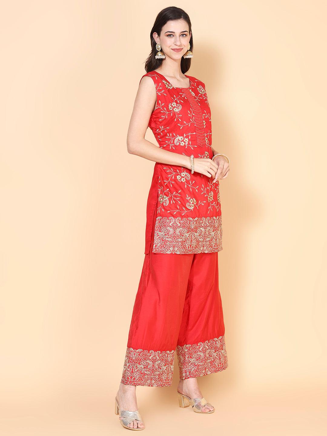 Zari Embroidered Kurta With Palazzo & Dupatta - Red - Indiakreations