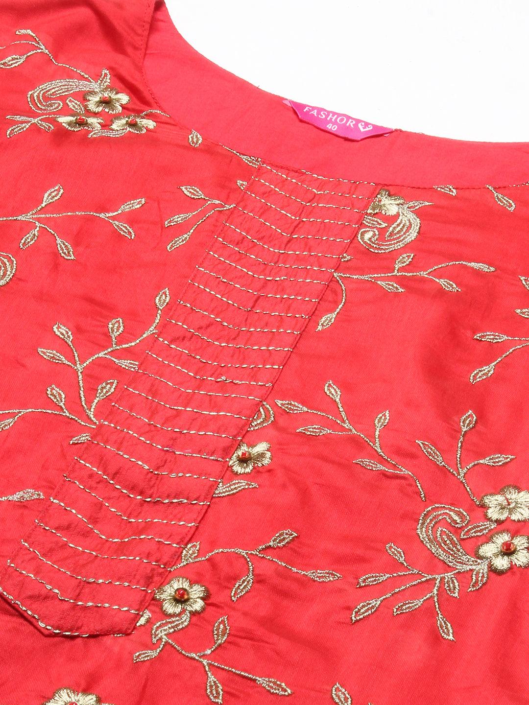 Zari Embroidered Kurta With Palazzo & Dupatta - Red - Indiakreations