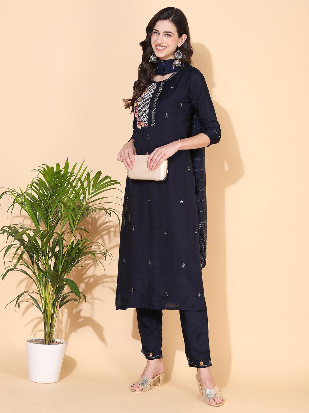 Floral Hand Embroidered Straight Kurta with Pant & Dupatta - Navy Blue - Indiakreations