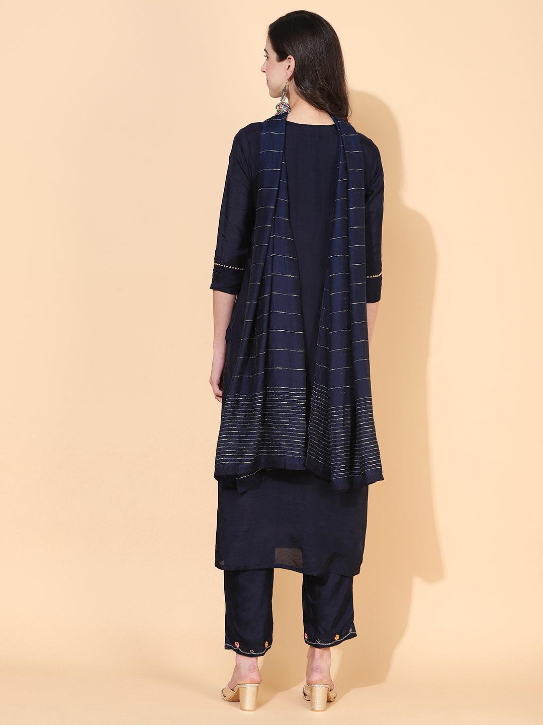 Floral Hand Embroidered Straight Kurta with Pant & Dupatta - Navy Blue - Indiakreations