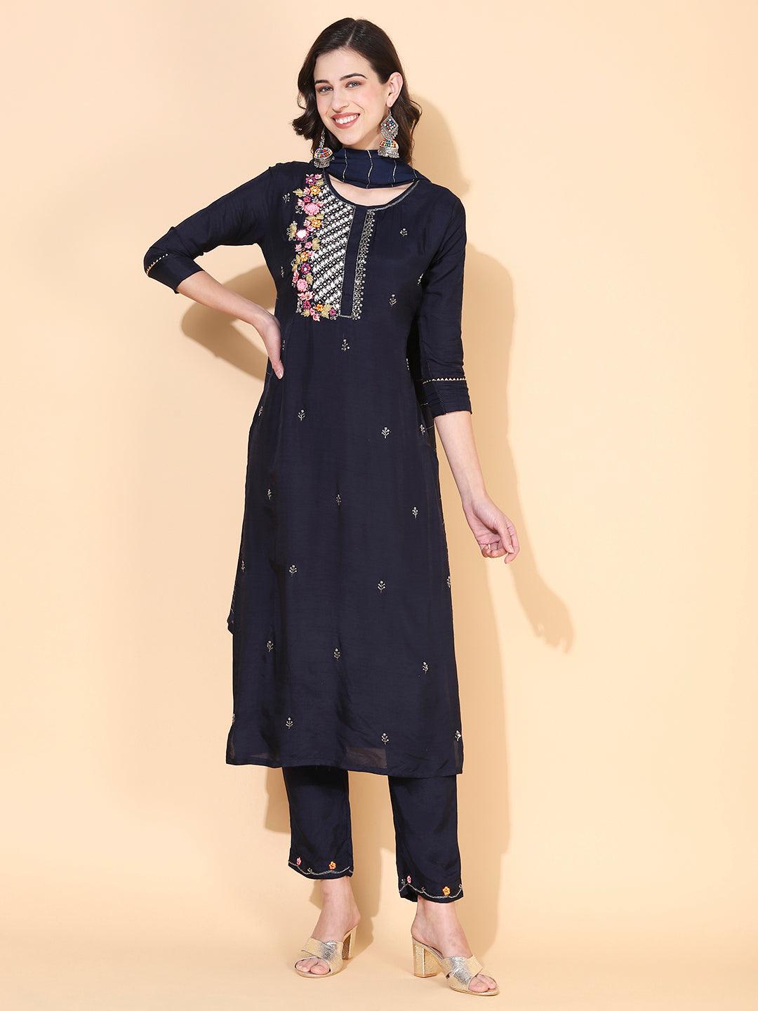 Floral Hand Embroidered Straight Kurta with Pant & Dupatta - Navy Blue - Indiakreations