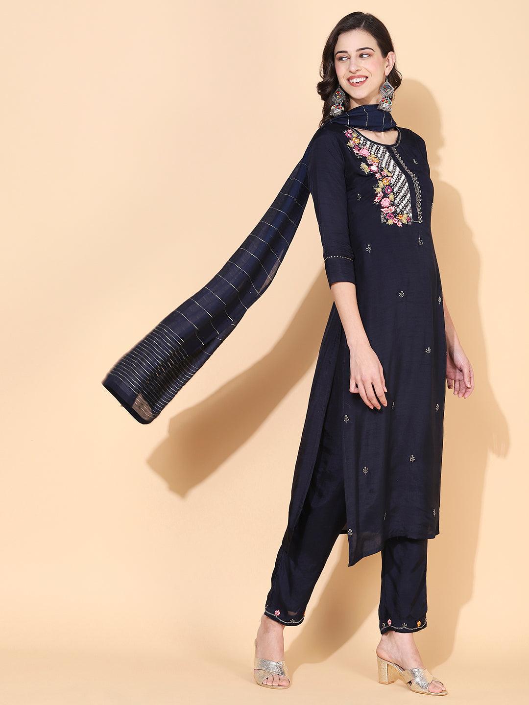 Floral Hand Embroidered Straight Kurta with Pant & Dupatta - Navy Blue - Indiakreations