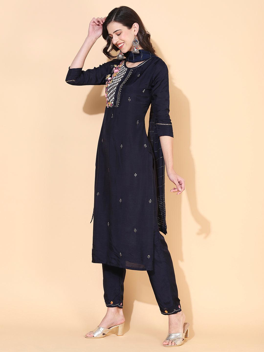 Floral Hand Embroidered Straight Kurta with Pant & Dupatta - Navy Blue - Indiakreations