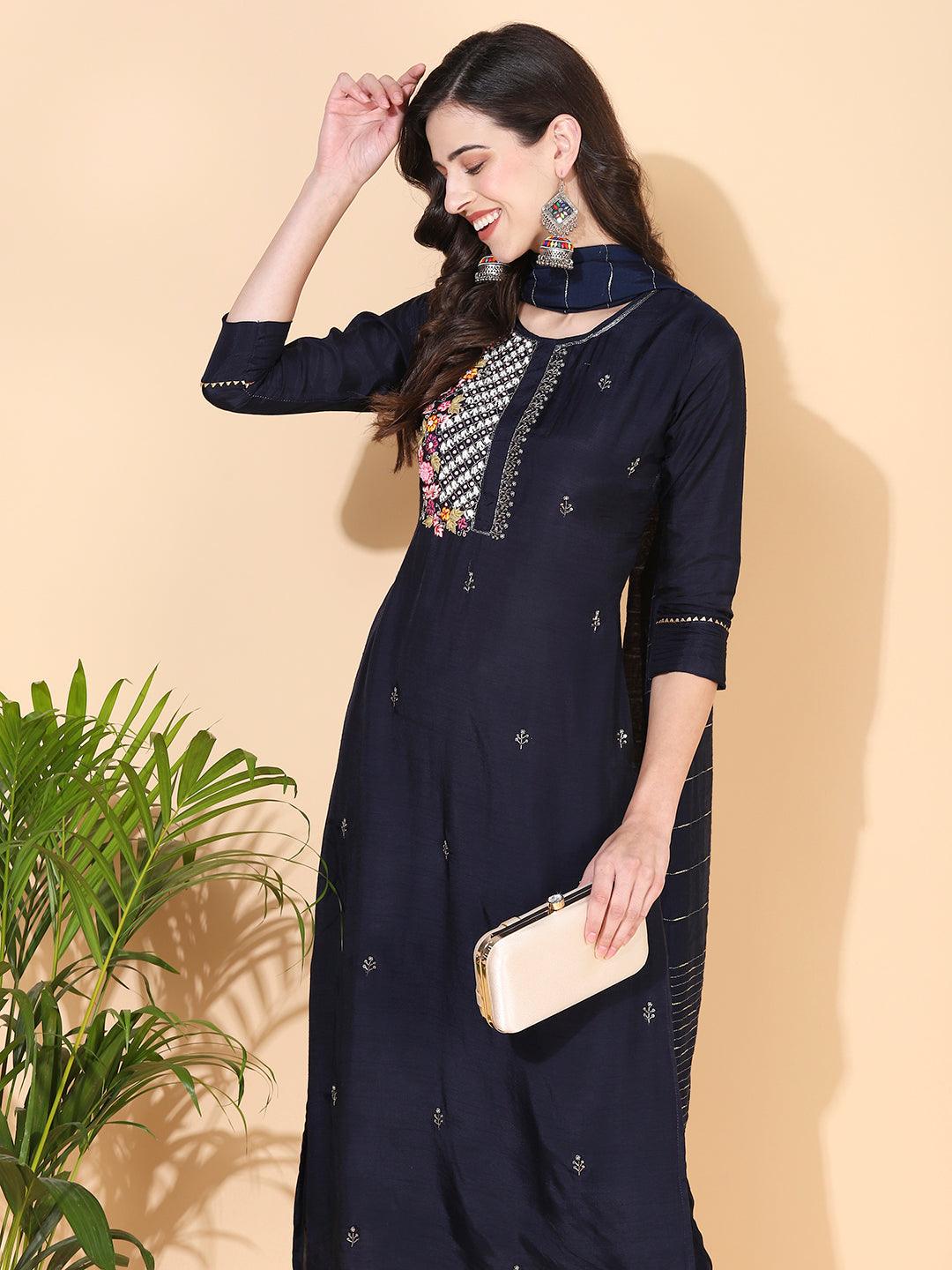 Floral Hand Embroidered Straight Kurta with Pant & Dupatta - Navy Blue - Indiakreations