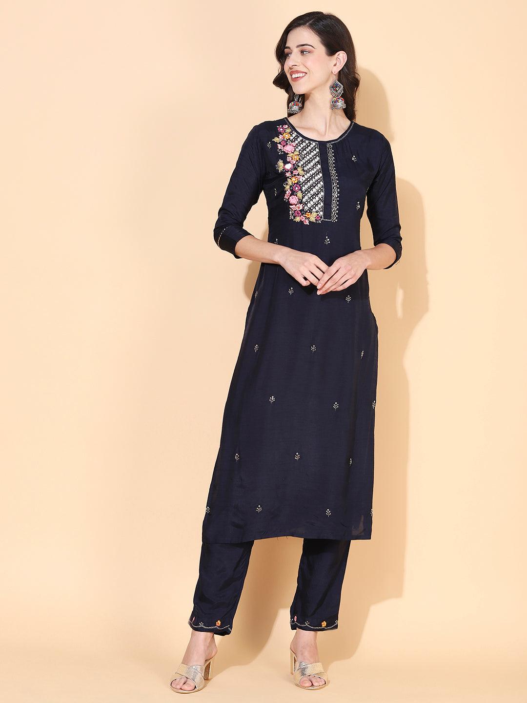 Floral Hand Embroidered Straight Kurta with Pant & Dupatta - Navy Blue - Indiakreations