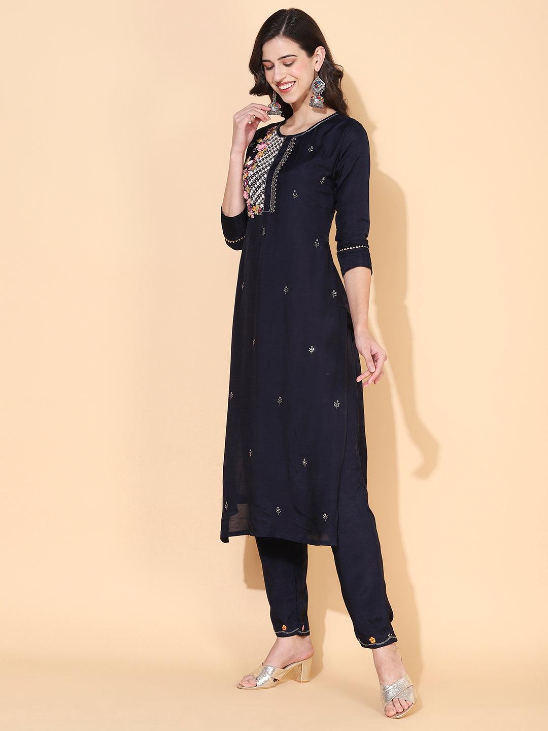 Floral Hand Embroidered Straight Kurta with Pant & Dupatta - Navy Blue - Indiakreations