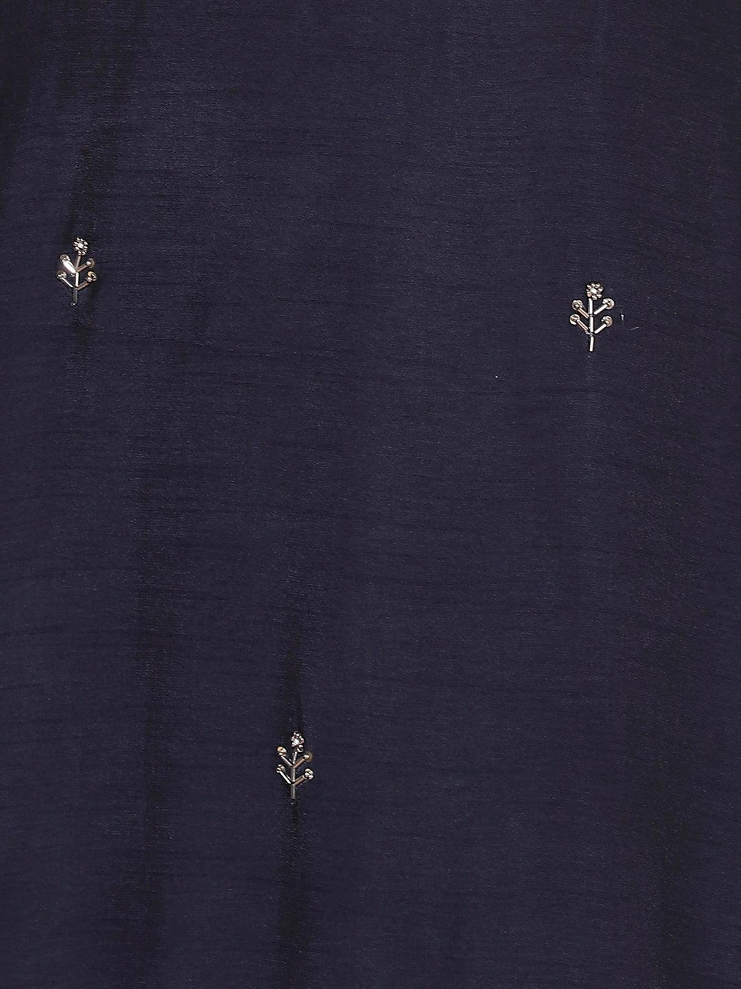 Floral Hand Embroidered Straight Kurta with Pant & Dupatta - Navy Blue - Indiakreations