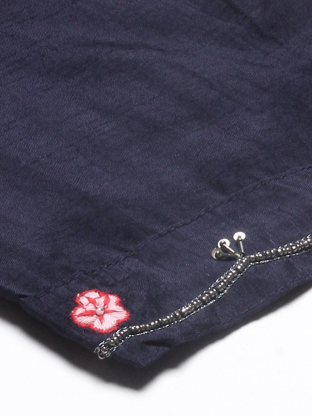 Floral Hand Embroidered Straight Kurta with Pant & Dupatta - Navy Blue - Indiakreations