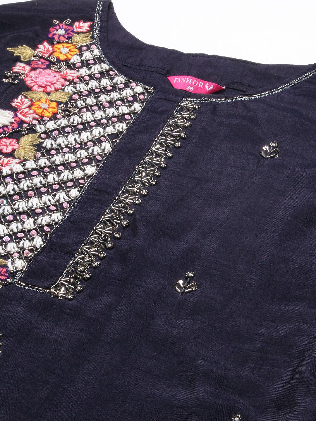 Floral Hand Embroidered Straight Kurta with Pant & Dupatta - Navy Blue - Indiakreations