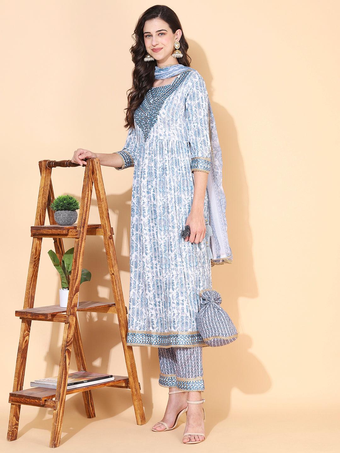 Floral Printed & Embroidered A-Line Kurta with Pant & Dupatta - Blue - Indiakreations