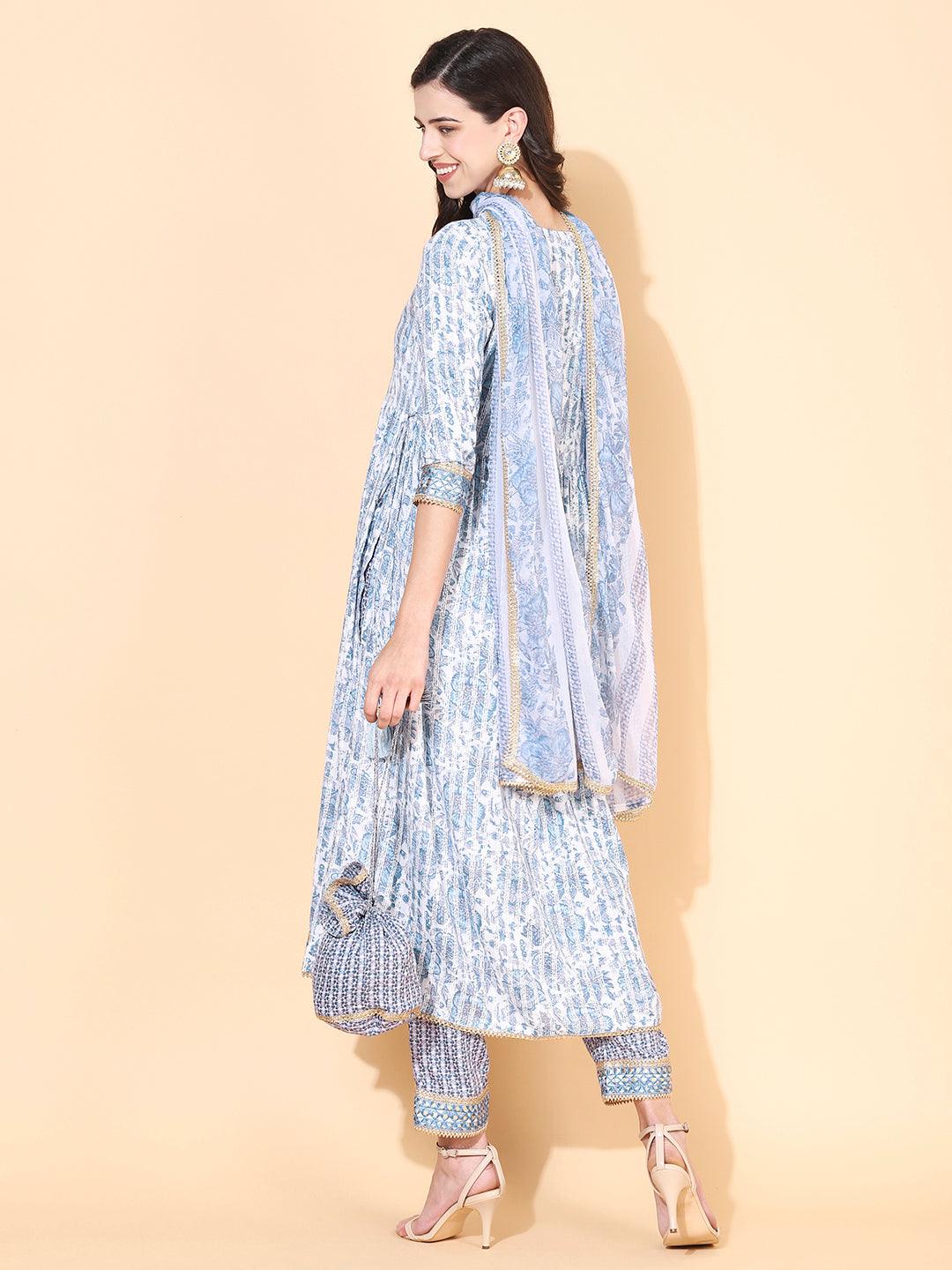 Floral Printed & Embroidered A-Line Kurta with Pant & Dupatta - Blue - Indiakreations