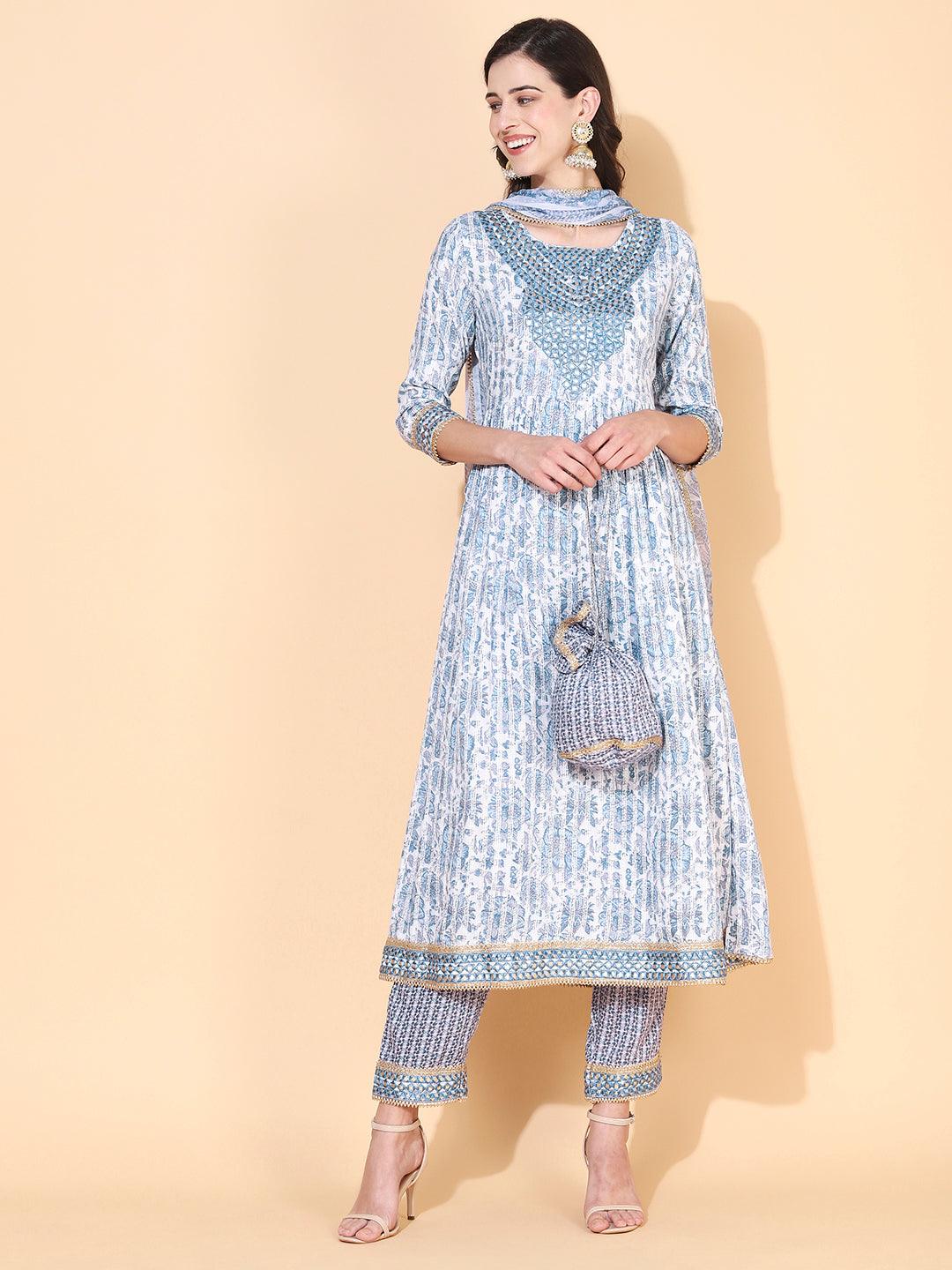 Floral Printed & Embroidered A-Line Kurta with Pant & Dupatta - Blue - Indiakreations