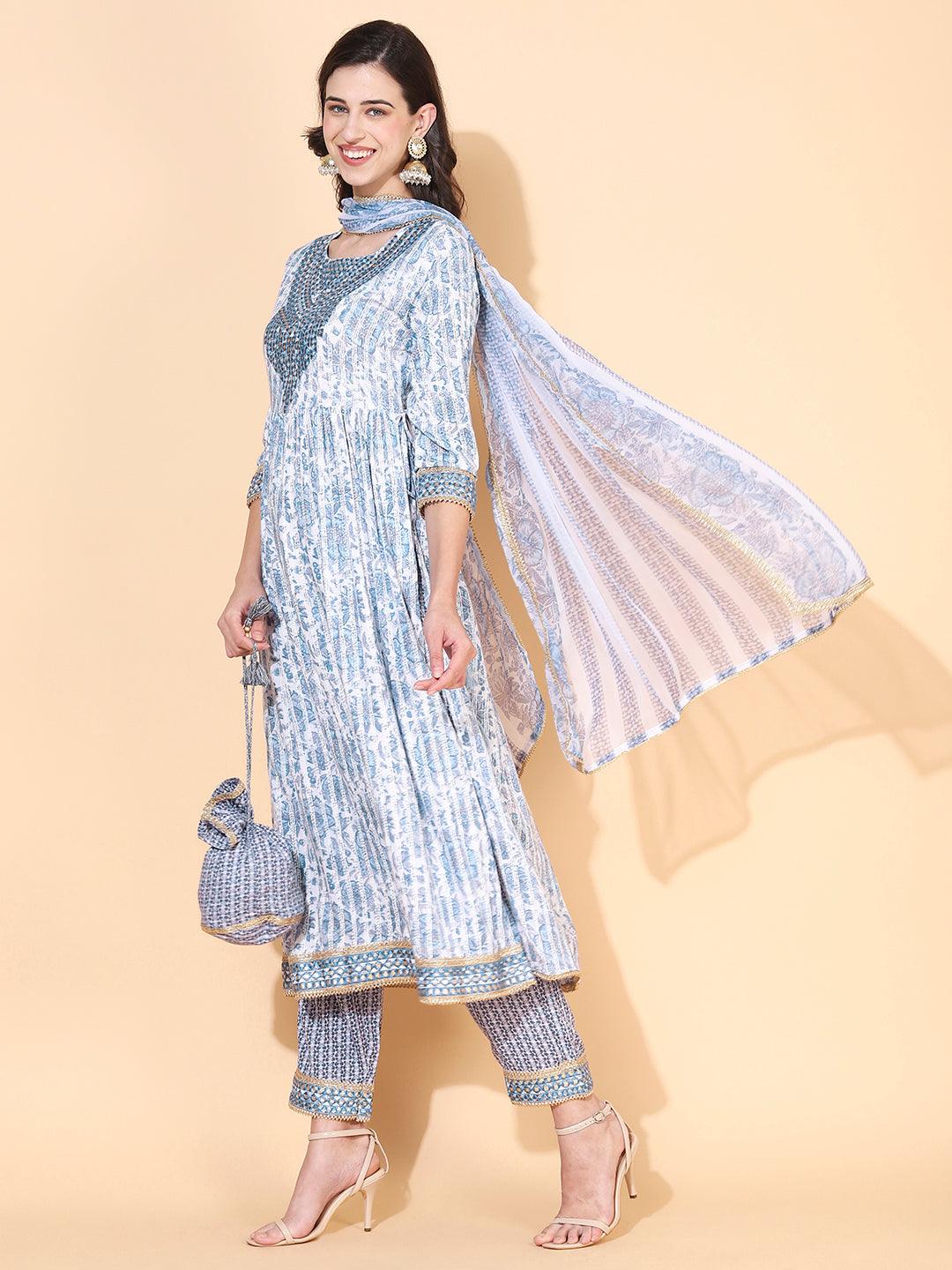 Floral Printed & Embroidered A-Line Kurta with Pant & Dupatta - Blue - Indiakreations