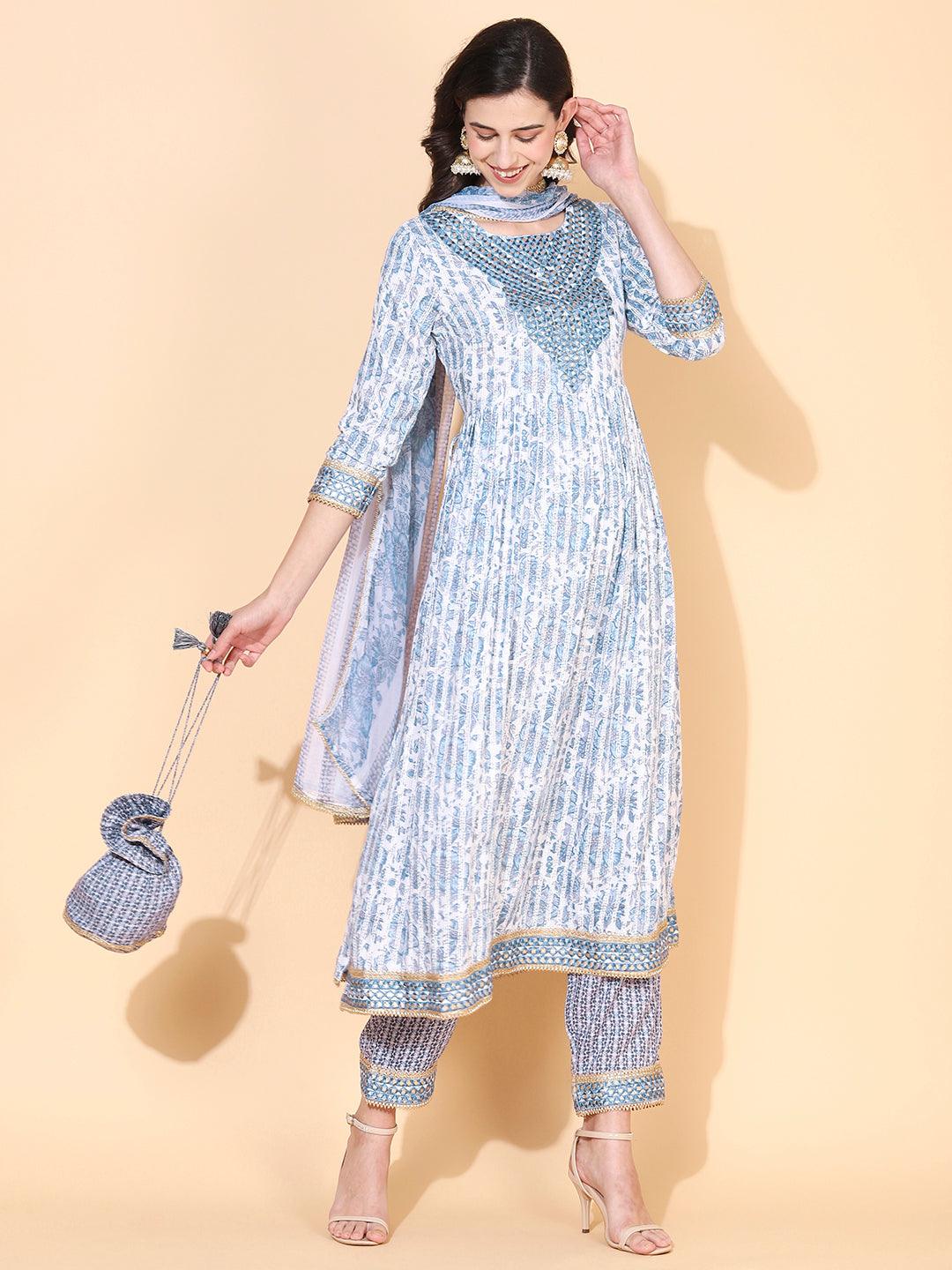 Floral Printed & Embroidered A-Line Kurta with Pant & Dupatta - Blue - Indiakreations