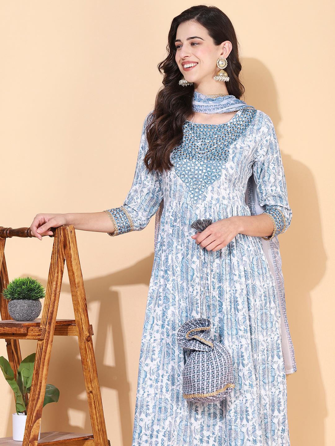 Floral Printed & Embroidered A-Line Kurta with Pant & Dupatta - Blue - Indiakreations