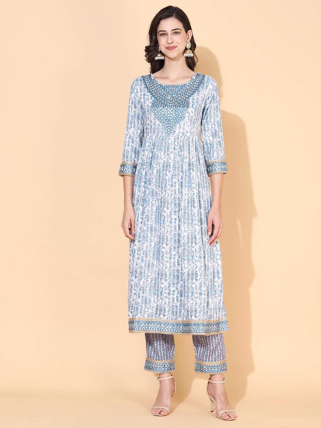 Floral Printed & Embroidered A-Line Kurta with Pant & Dupatta - Blue - Indiakreations