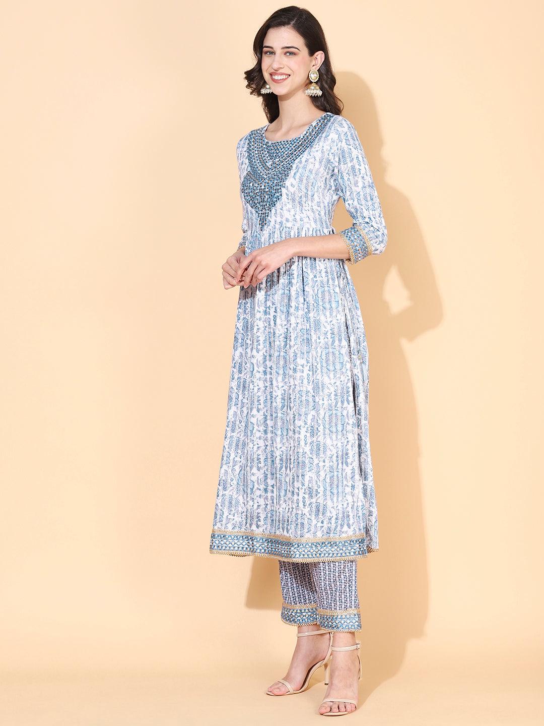 Floral Printed & Embroidered A-Line Kurta with Pant & Dupatta - Blue - Indiakreations