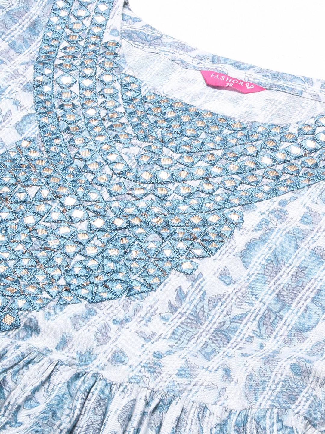 Floral Printed & Embroidered A-Line Kurta with Pant & Dupatta - Blue - Indiakreations