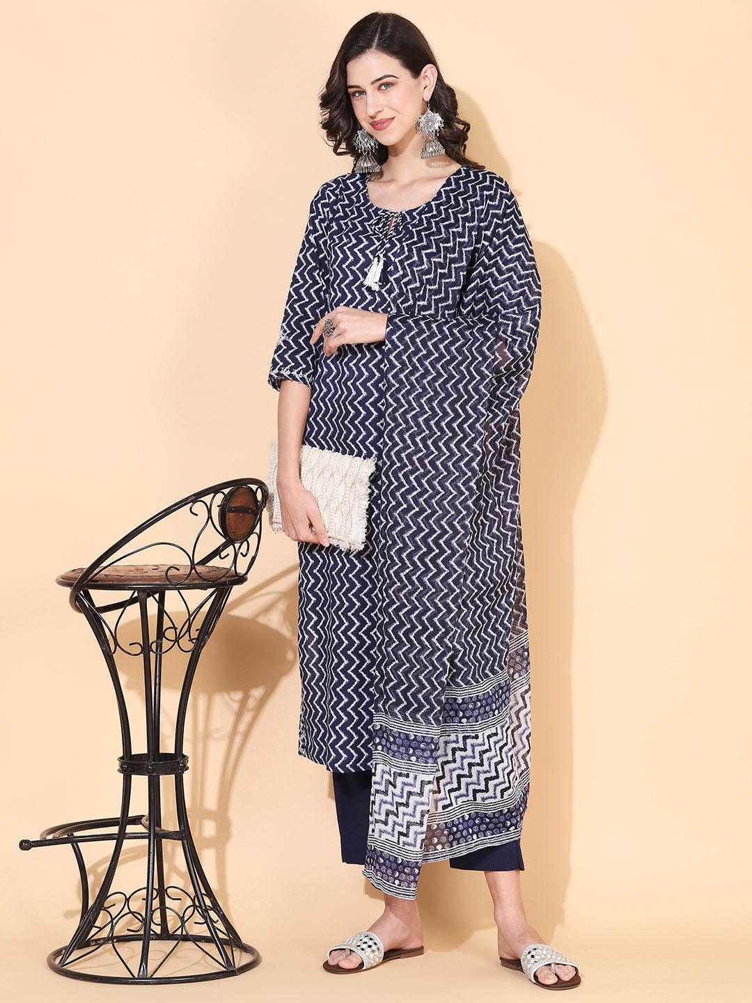 Chevron Printed & Embroidered Straight Kurta with Pant & Dupatta - Navy Blue - Indiakreations