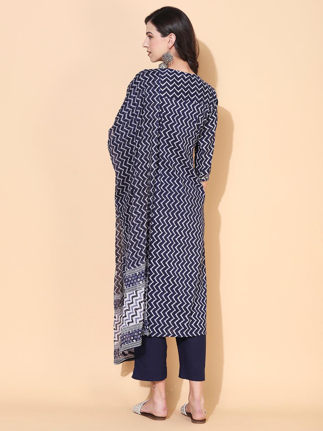 Chevron Printed & Embroidered Straight Kurta with Pant & Dupatta - Navy Blue - Indiakreations