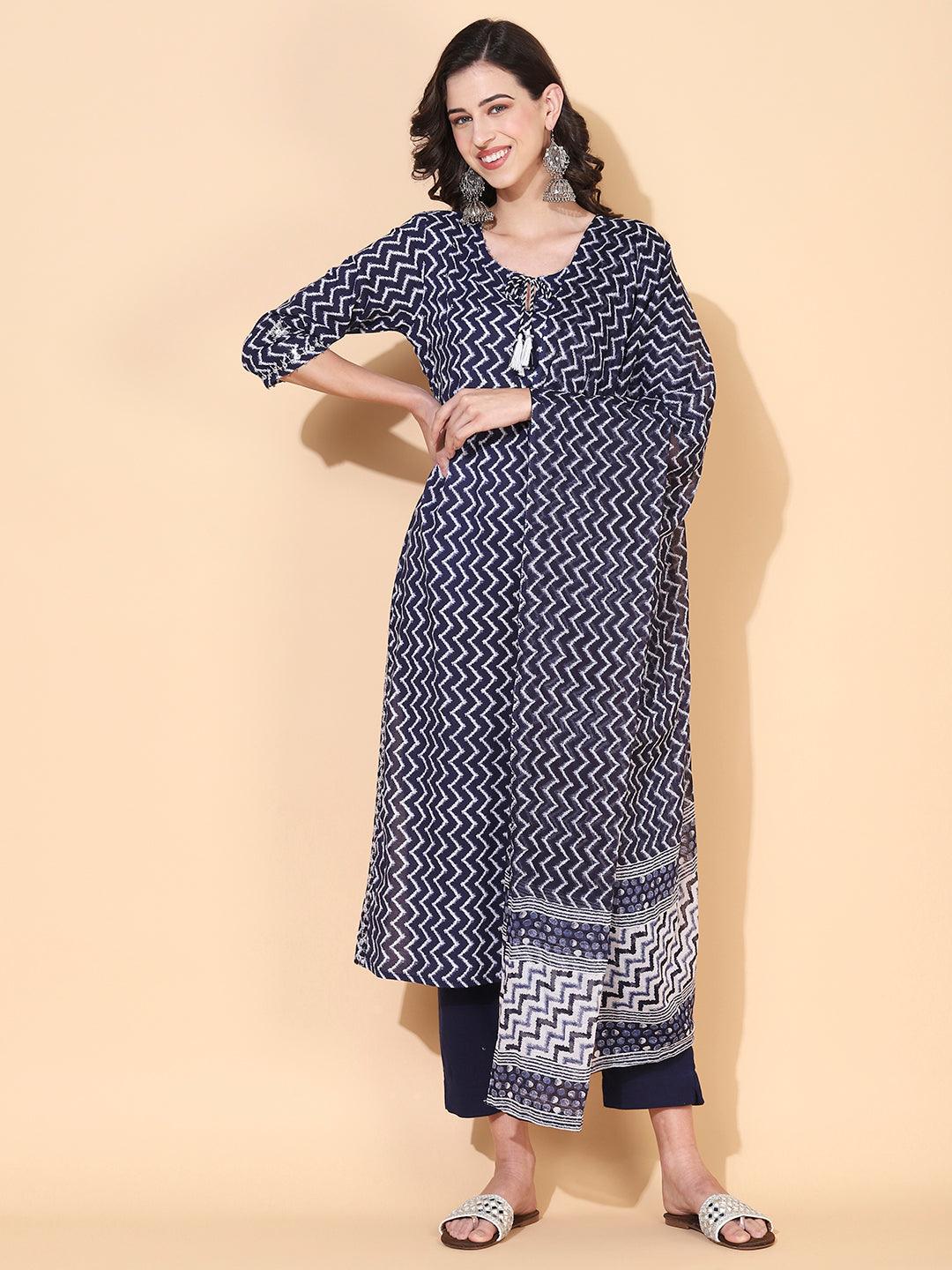 Chevron Printed & Embroidered Straight Kurta with Pant & Dupatta - Navy Blue - Indiakreations