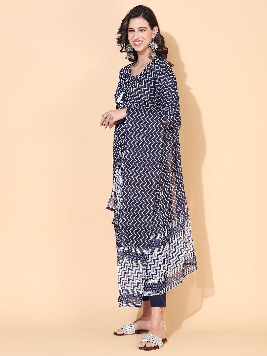 Chevron Printed & Embroidered Straight Kurta with Pant & Dupatta - Navy Blue - Indiakreations