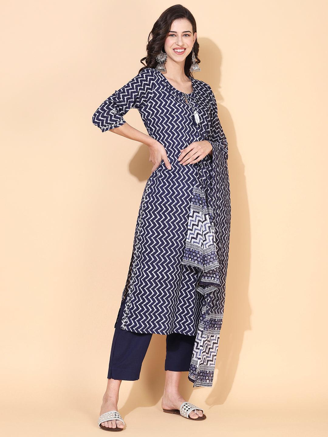 Chevron Printed & Embroidered Straight Kurta with Pant & Dupatta - Navy Blue - Indiakreations