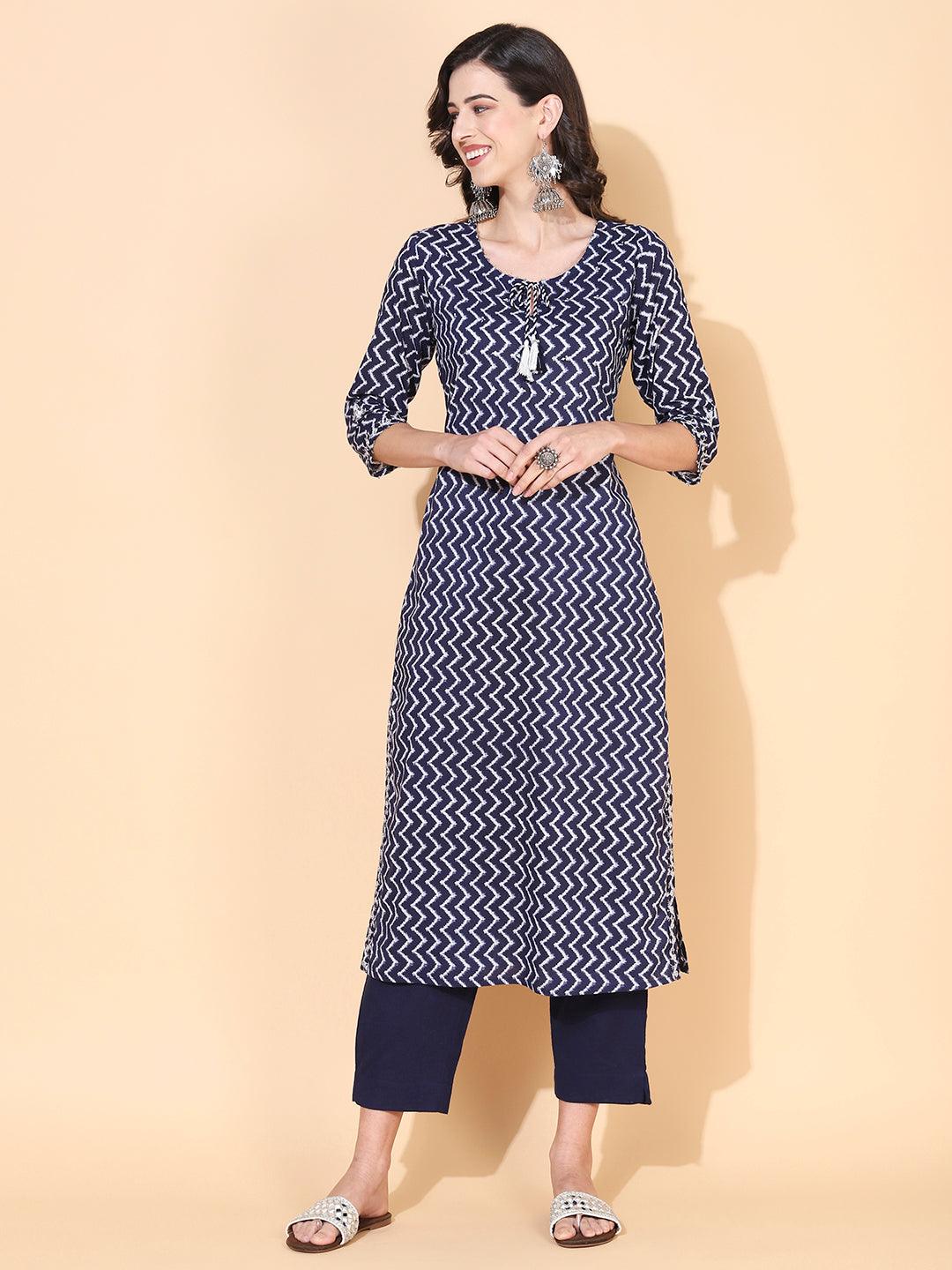 Chevron Printed & Embroidered Straight Kurta with Pant & Dupatta - Navy Blue - Indiakreations