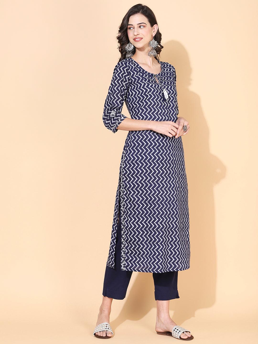 Chevron Printed & Embroidered Straight Kurta with Pant & Dupatta - Navy Blue - Indiakreations