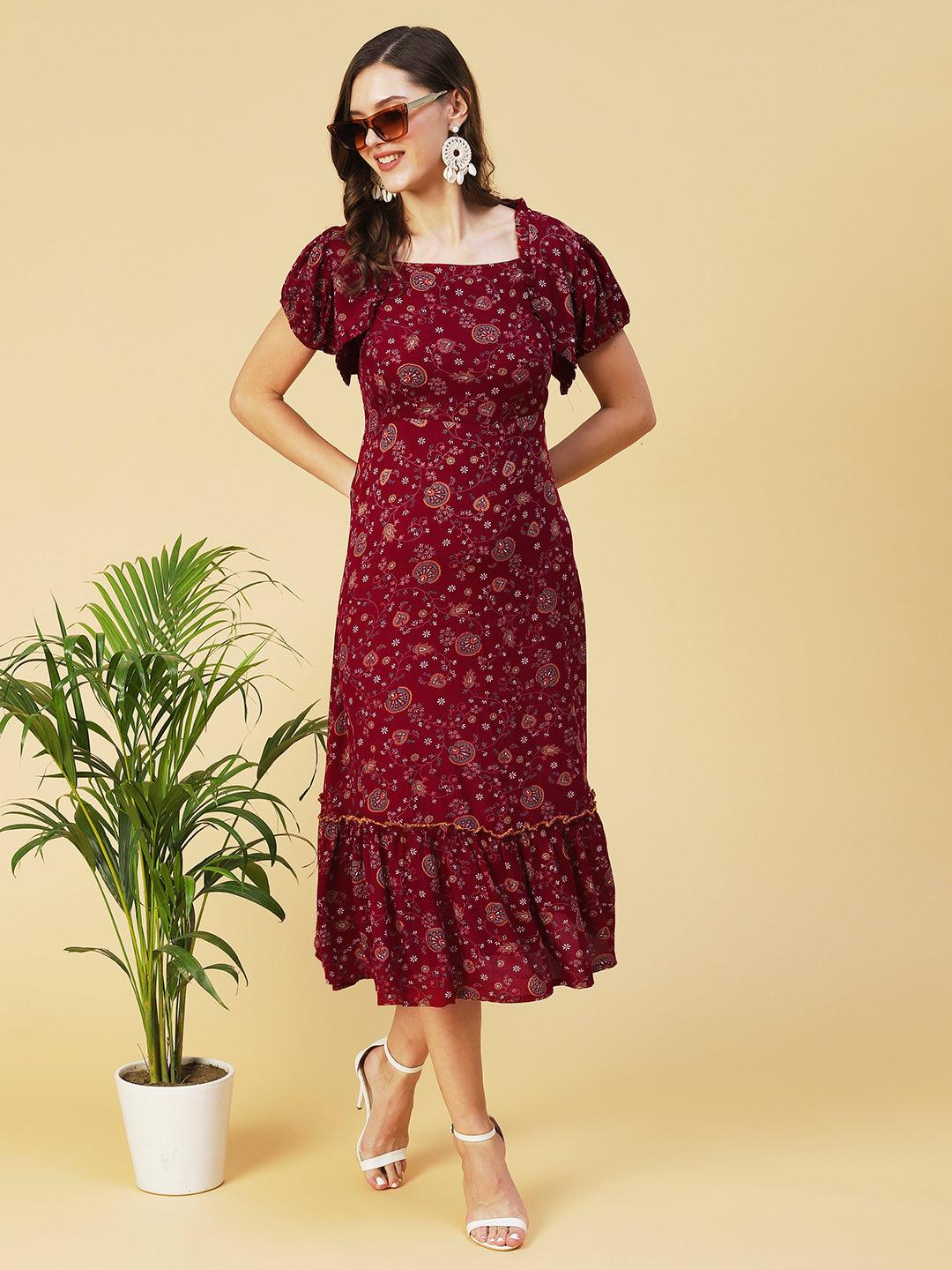 Floral Printed Smocked Dress With Bolero Shrug - Maroon - Indiakreations