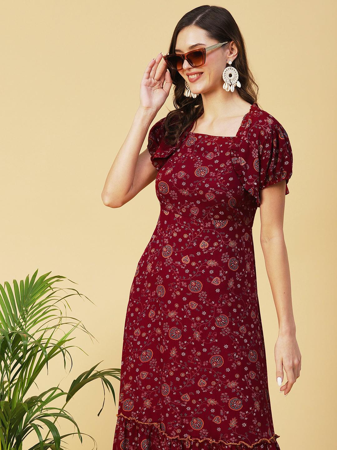 Floral Printed Smocked Dress With Bolero Shrug - Maroon - Indiakreations