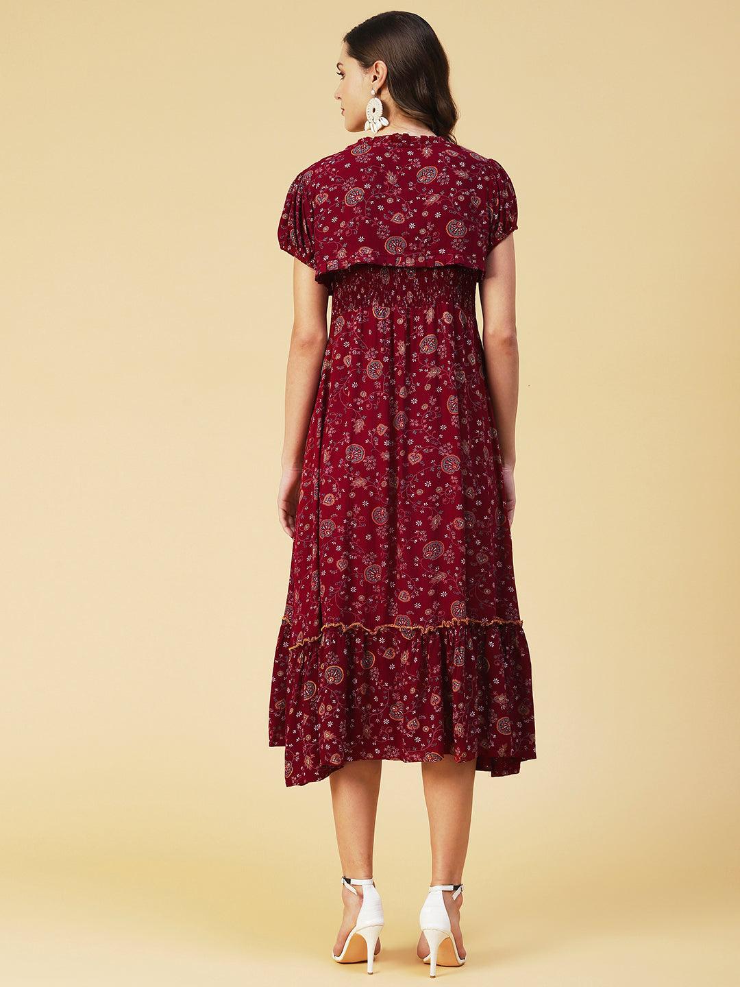 Floral Printed Smocked Dress With Bolero Shrug - Maroon - Indiakreations