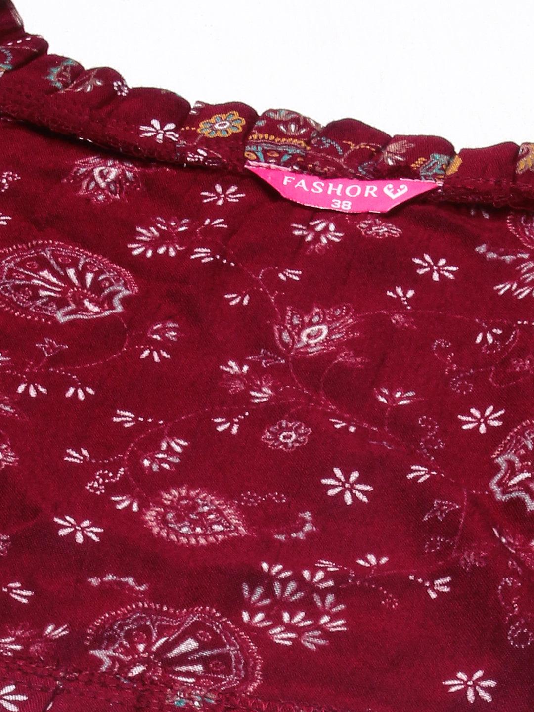 Floral Printed Smocked Dress With Bolero Shrug - Maroon - Indiakreations