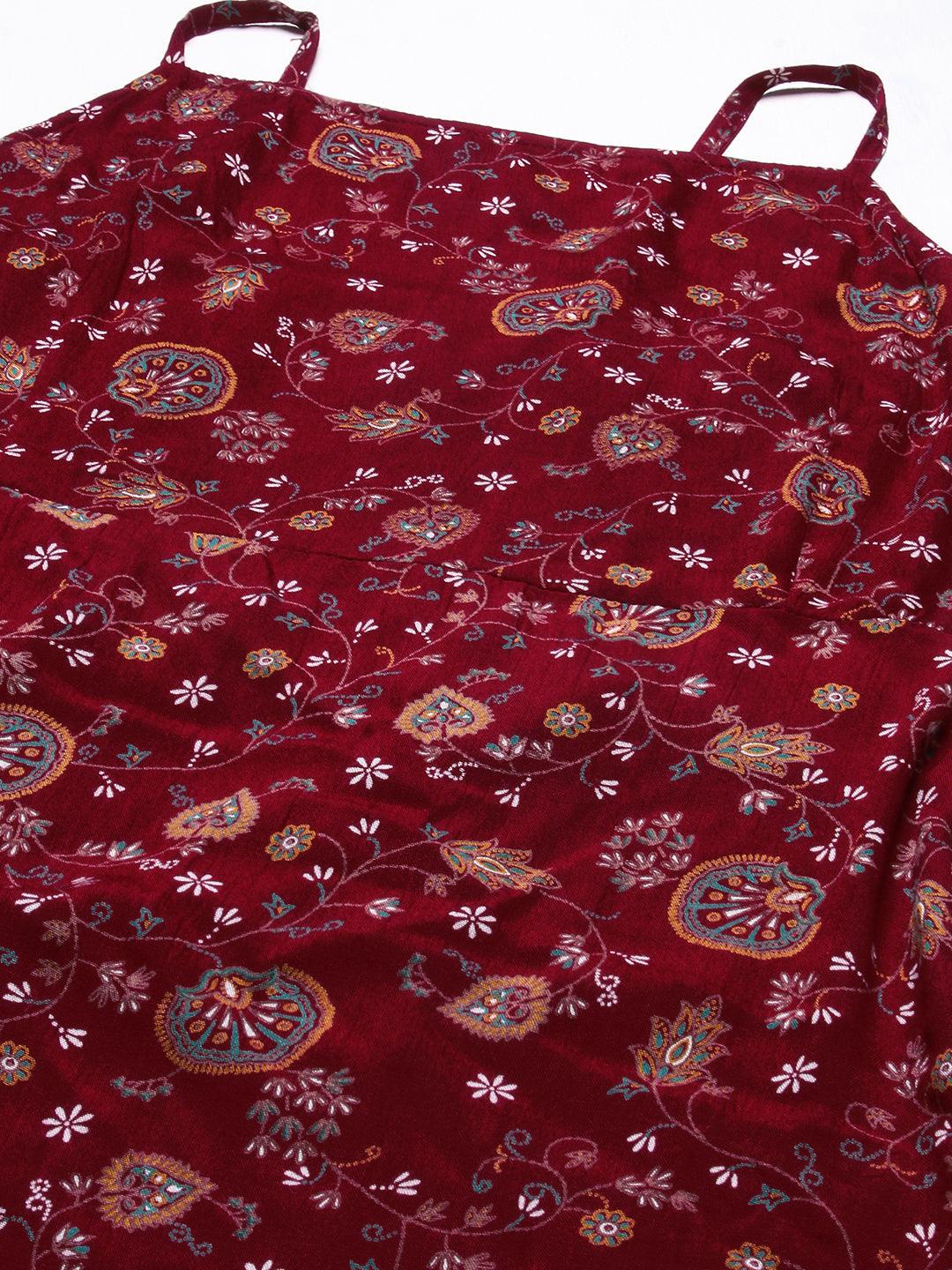 Floral Printed Smocked Dress With Bolero Shrug - Maroon - Indiakreations