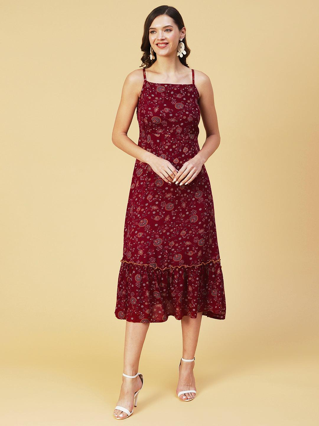 Floral Printed Smocked Dress With Bolero Shrug - Maroon - Indiakreations