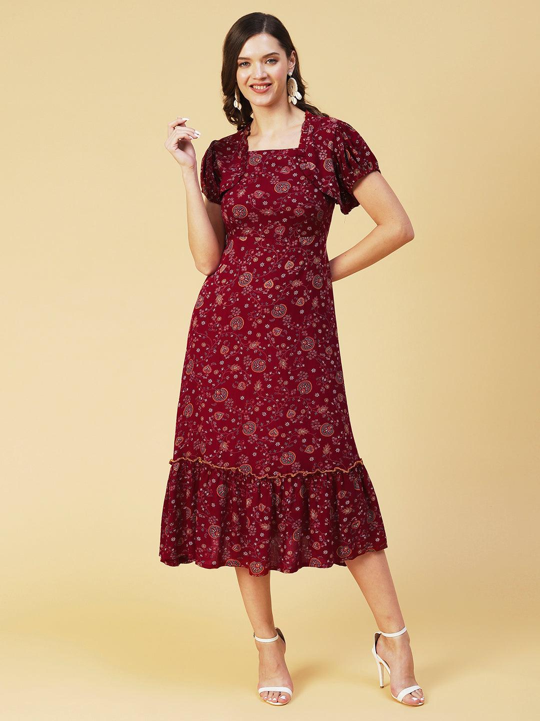 Floral Printed Smocked Dress With Bolero Shrug - Maroon - Indiakreations