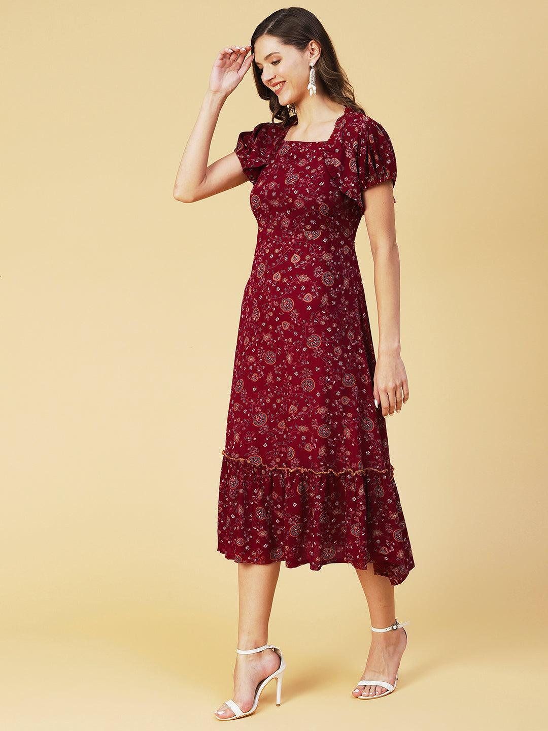 Floral Printed Smocked Dress With Bolero Shrug - Maroon - Indiakreations