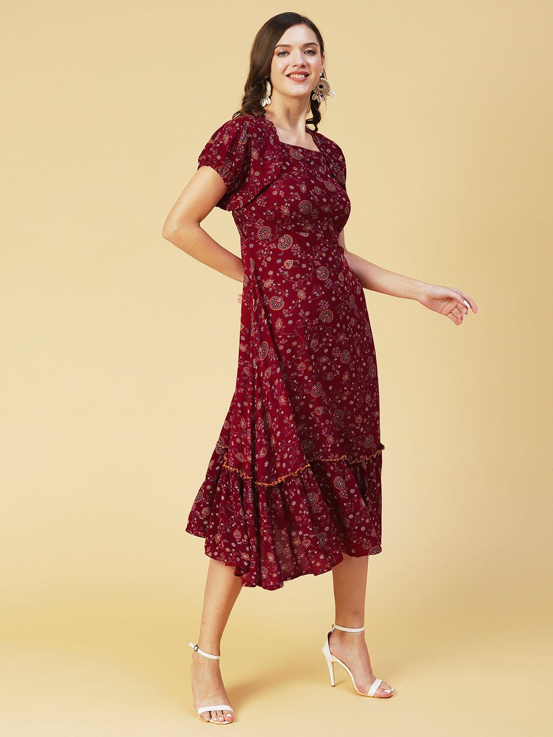 Floral Printed Smocked Dress With Bolero Shrug - Maroon - Indiakreations