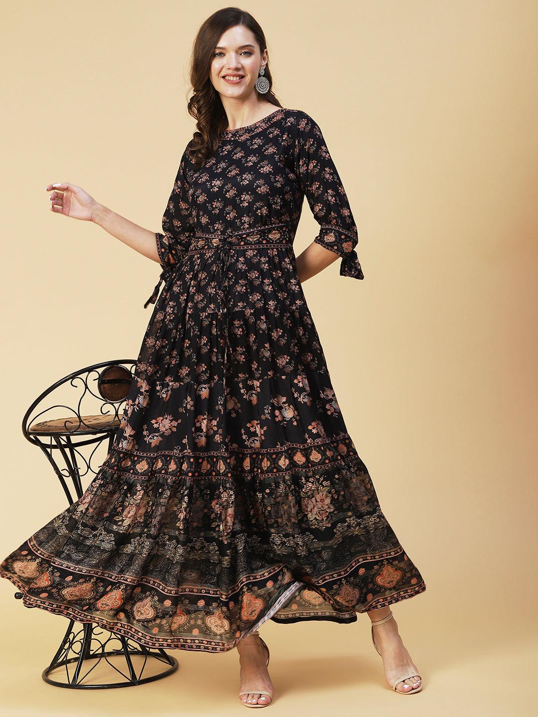 Floral Printed & Embroidered Tiered Fit and Flared Maxi Dress - Black - Indiakreations