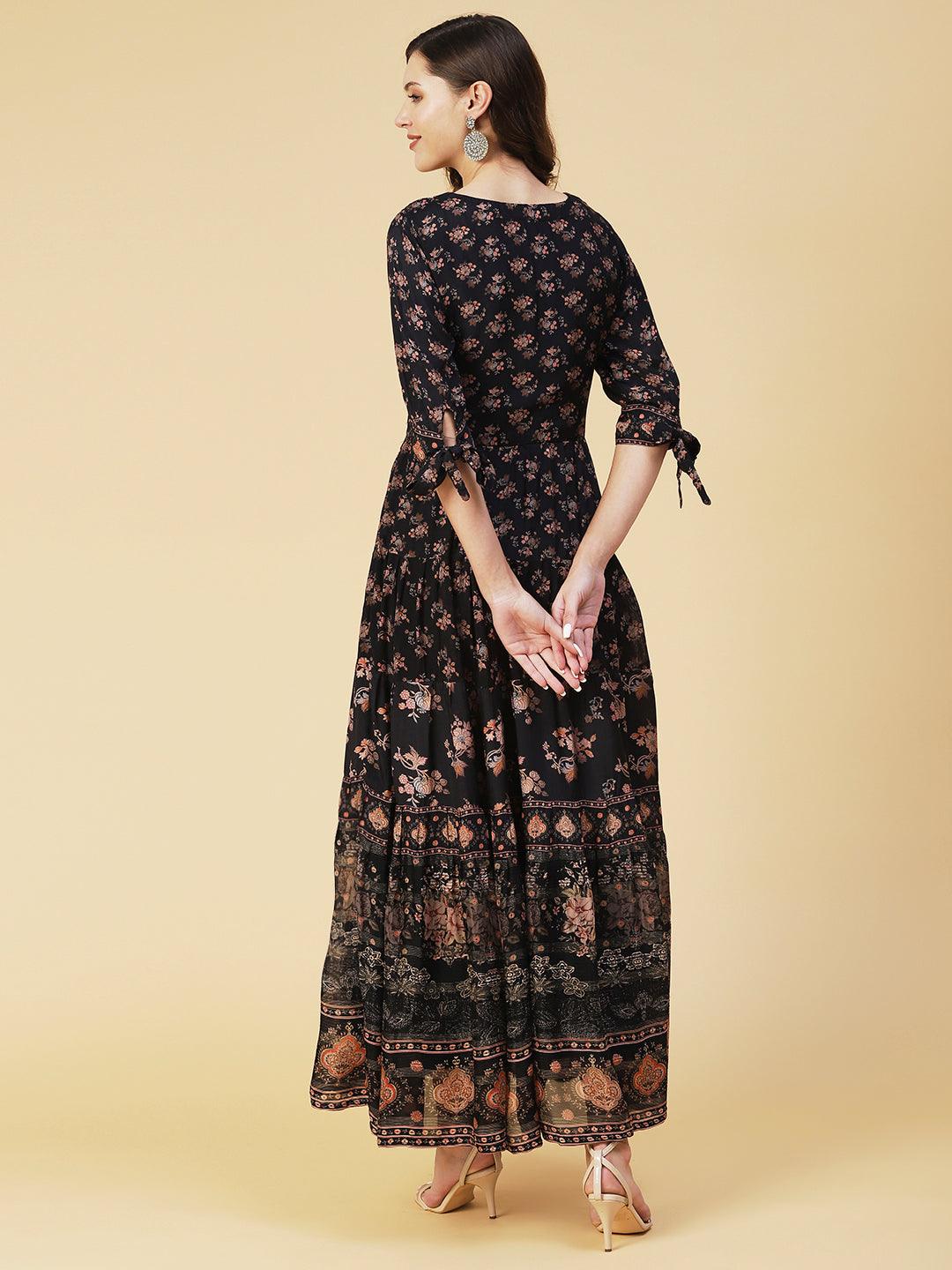 Floral Printed & Embroidered Tiered Fit and Flared Maxi Dress - Black - Indiakreations