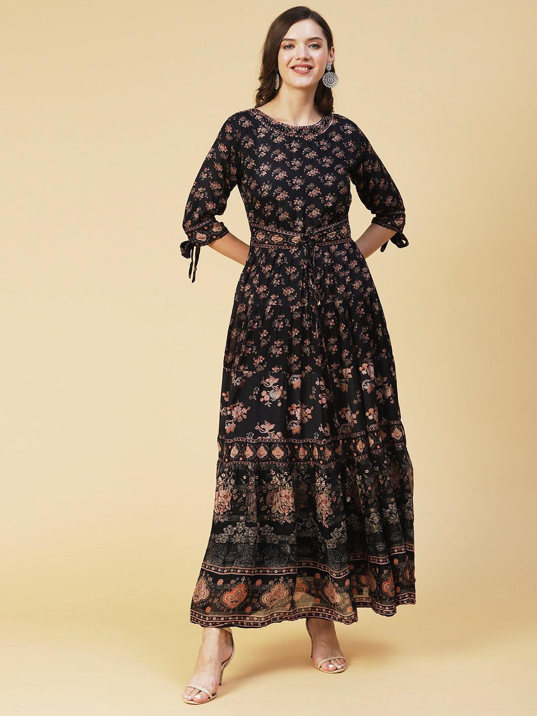 Floral Printed & Embroidered Tiered Fit and Flared Maxi Dress - Black - Indiakreations