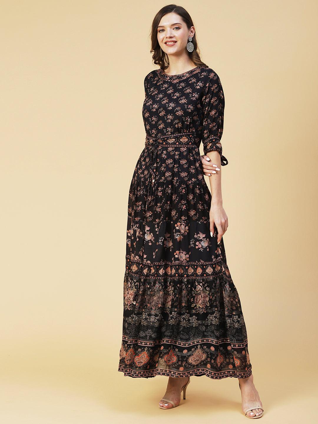 Floral Printed & Embroidered Tiered Fit and Flared Maxi Dress - Black - Indiakreations