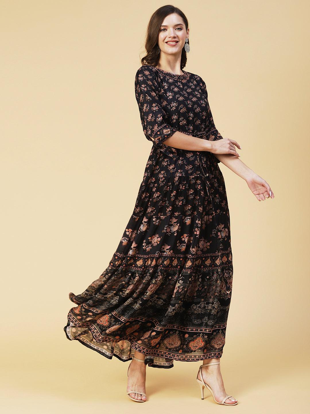 Floral Printed & Embroidered Tiered Fit and Flared Maxi Dress - Black - Indiakreations