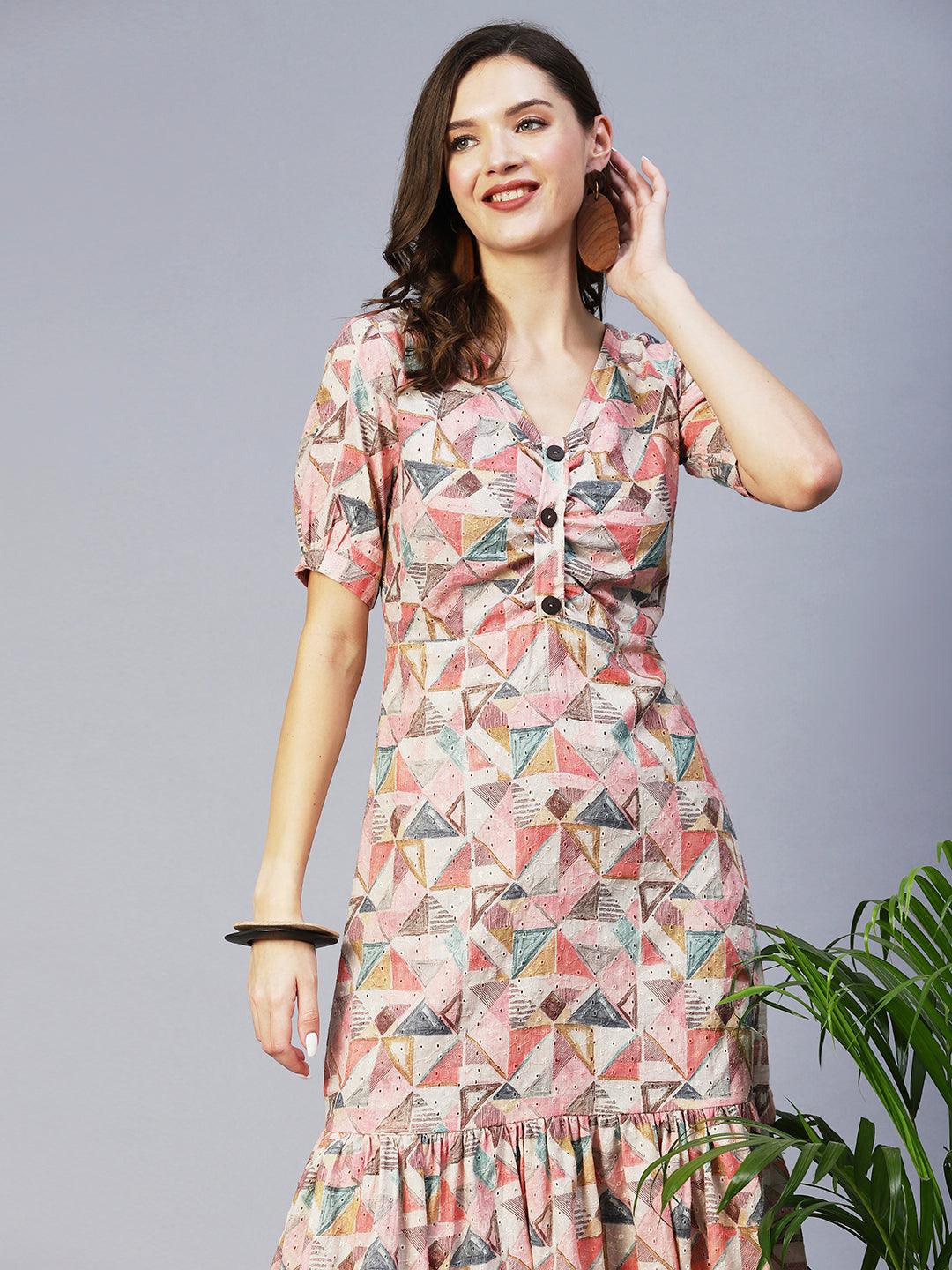 Geometric Printed A-Line Midi Dress - Multi - Indiakreations