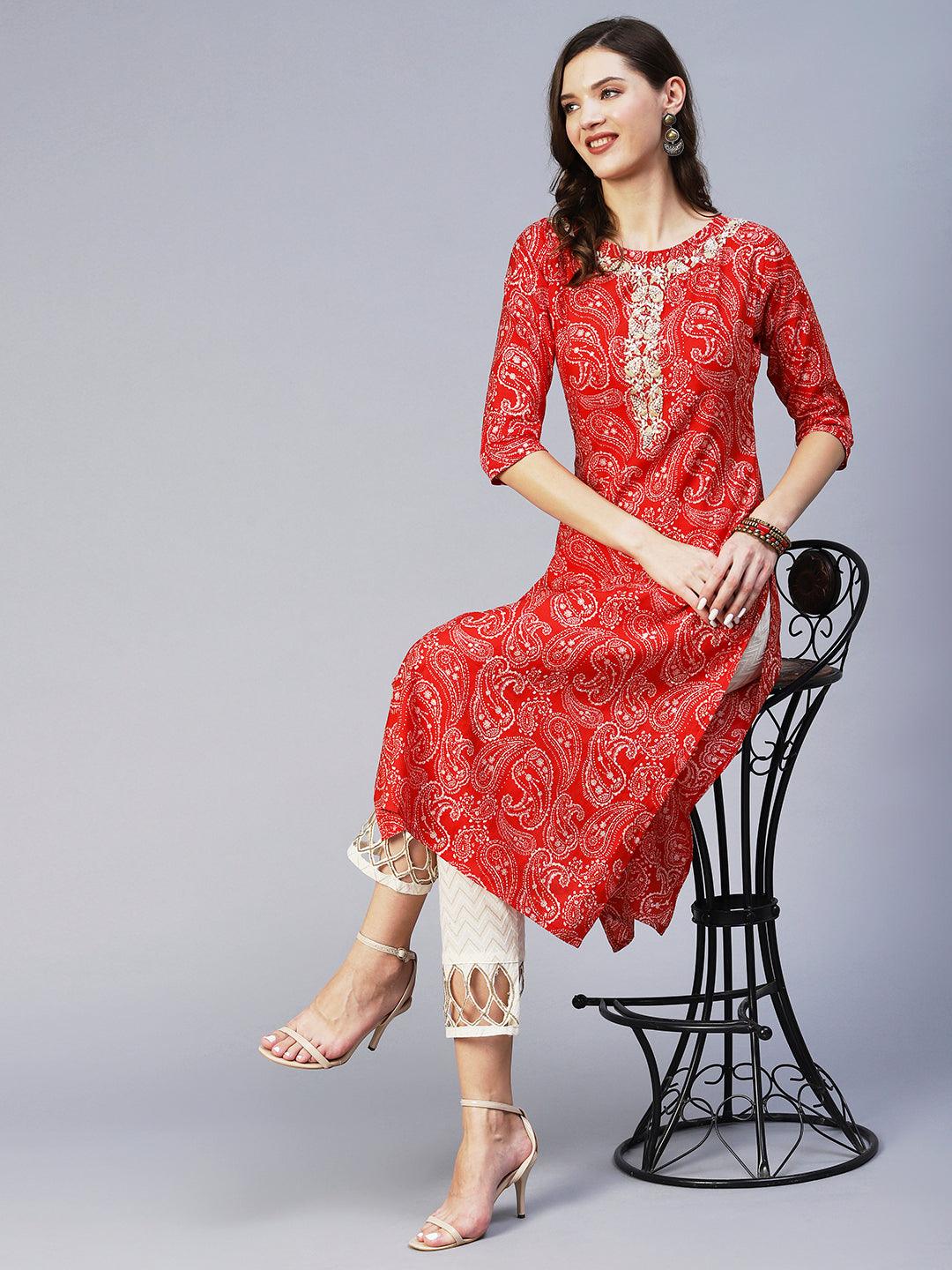 Paisley Printed & Hand Embroidered Straight Fit Kurta - Red - Indiakreations