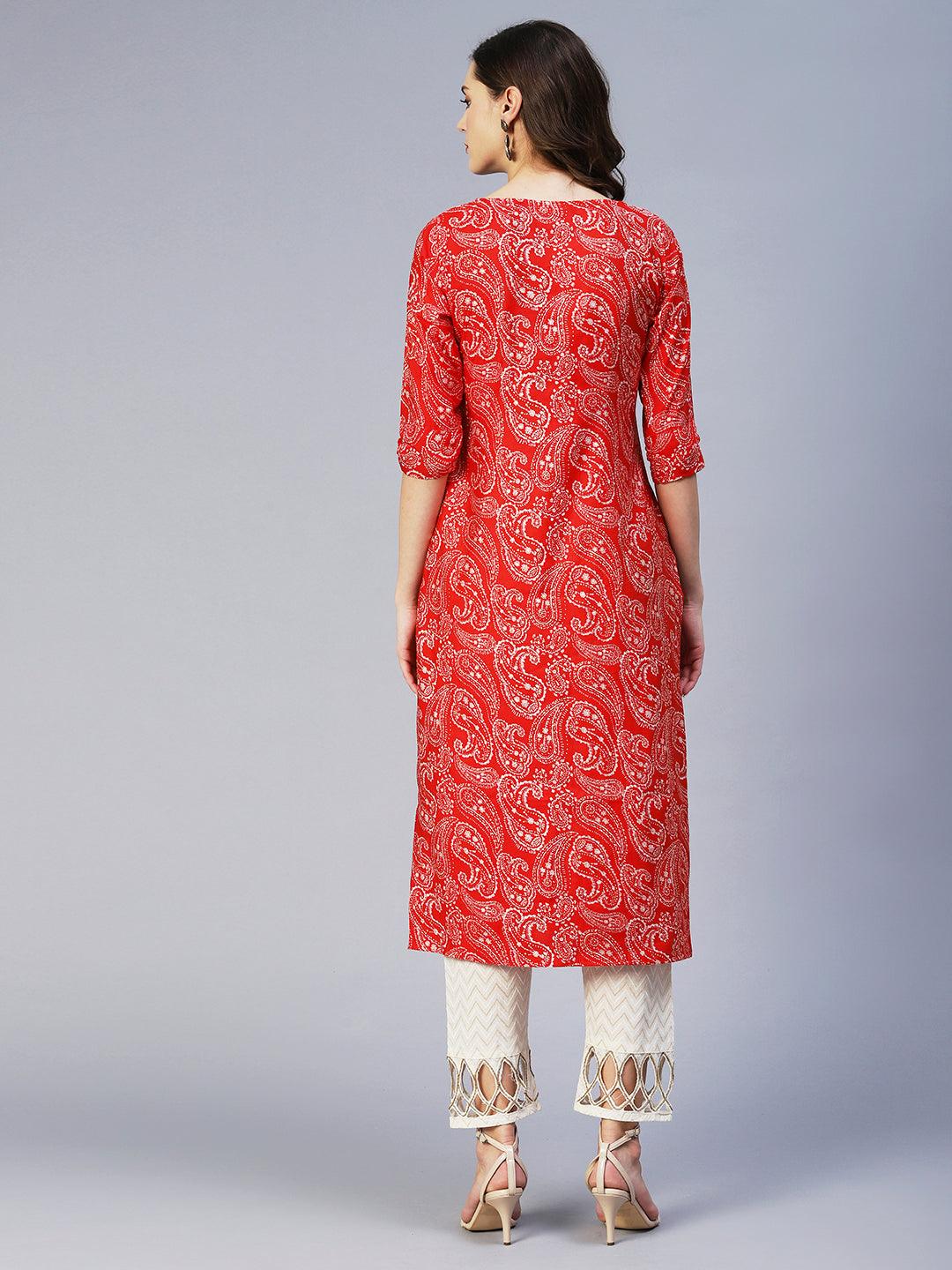 Paisley Printed & Hand Embroidered Straight Fit Kurta - Red - Indiakreations