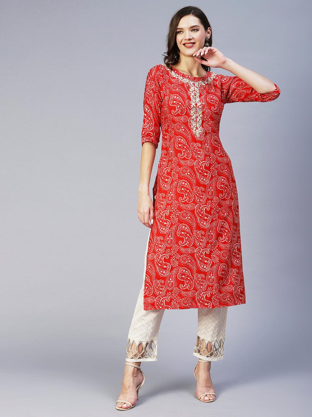 Paisley Printed & Hand Embroidered Straight Fit Kurta - Red - Indiakreations