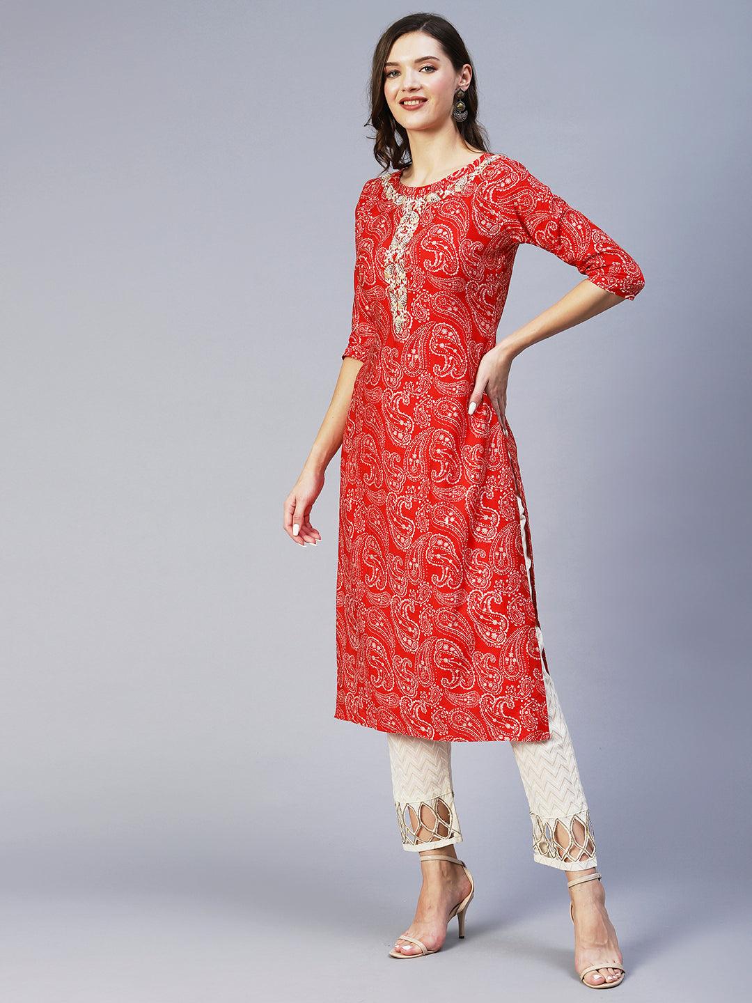 Paisley Printed & Hand Embroidered Straight Fit Kurta - Red - Indiakreations